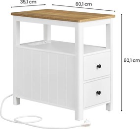Mesa de apoio, mesa de cabeçeira estreita 60 x 35 x 60 cm com régua de tomadas, 2 gavetas castanho-branco