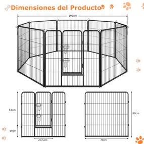 Parque para cães com 8 painéis Altura 100 cm Interior/Exterior Parque de metal resistente para animais de estimação médios Preto