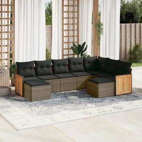 9 pcs conjunto sofás p/ jardim com almofadões vime PE cinzento