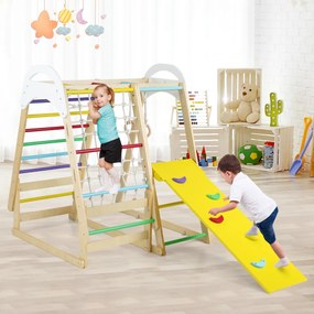 Parque infantil de madeira 6 em 1 com escorrega, barras, argolas, rede, escada e tenda para crianças a partir de 1 ano – Multicolorido