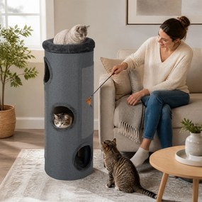 Arranhador para Gatos, 43 x 43 x 113 cm, 3 Grutas de Refúgio, Cinzento escuro