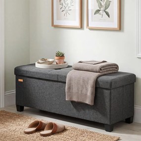 Banco com espaço de arrumação 38 x 110 x 40 cm, baú dobrável com tampa articulada, quarto e sala de estar, efeito de linho cinzento