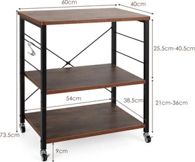 Carrinho de cozinha 60 x 40 x 73,5 cm com rodas bloqueáveis Ganchos removíveis Estante para micro-ondas Castanho