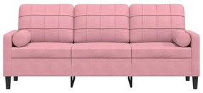 Sofá 3 lugares c/ almofadas decorativas 180 cm veludo rosa