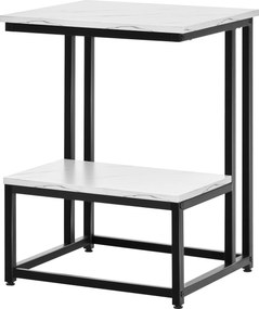 Mesa de centro moderna para sala de estar, mesa auxiliar para quarto, estrutura em aço preto, tampo e prateleira com aspeto de mármore branco