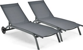 Conjunto de 2 espreguiçadeiras com rodas, tecido de secagem rápida e encosto reclinável em 6 posições, para exterior, piscina, pátio e jardim, cinzent