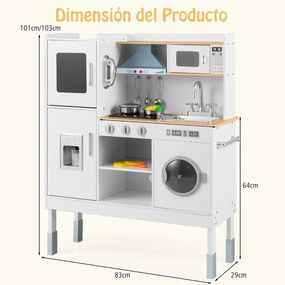 Cozinha brincar de madeira 83 x 29 x 103 cm para crianças a partir dos 3 anos com exaustor, máquina de gelo, telefone, 16 acessórios, sons e luzes rea