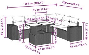 7 pcs conjunto de sofás p/ jardim com almofadões vime PE bege