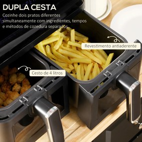 Fritadeira sem Óleo Dupla 8L 2500W com 8 Programas Ecrã LED Tátil Temperatura Ajustável 80-200°C Temporizador e Cesta Antiaderente 38,5x38x30,5 cm Pre