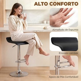 Conjunto de 2 Bancos de Bar Giratórios Bancos Altos de Cozinha com Altura Ajustável 62-83 cm com Encosto e Apoio para os Pés Preto