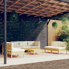 vidaXL 8 pcs conjunto lounge jardim c/ almofadões creme pinho maciço