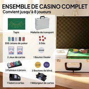 Mala de póquer - Conjunto completo de póquer com 300 fichas, cartas de jogar, dados, crupiê, tapete, chaves, mala em ABS, prata