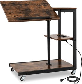 Mesa Auxiliar em C com Rodas, 68 x 40 x 66,5-82,5 cm, Tampo Elevável e Inclinável, Castanho+Preto