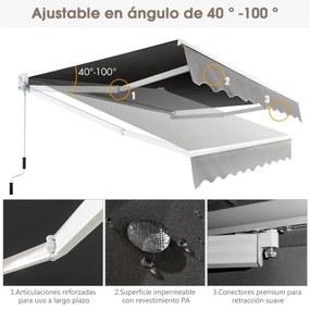 Toldo retrátil 245 x 200 cm com manivela manual para parede, porta, janela Cinzento
