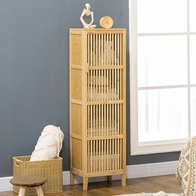 Móvel de arrumação em bambu com prateleiras e porta de design com ripas para casa de banho 40 x 30 x 140 cm