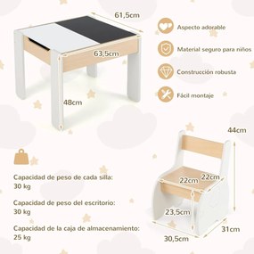 Conjunto de mesa e 2 cadeiras infantis de 3 peças com arrumação e quadro removível para sala de jogos e creche Branco