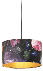 Candeeiro de suspensão com abajur de veludo flores com dourado 35 cm - Combi Clássico / Antigo