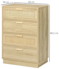 HOMCOM Cómoda com 4 Gavetas de Vime Cómoda de Madeira para Dormitório Sala de Estar Estilo Boêmio 60x38x88,5 cm Madeira