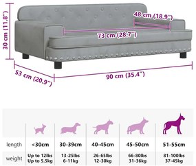 Cama para cães 90x53x30 cm veludo cinzento-claro