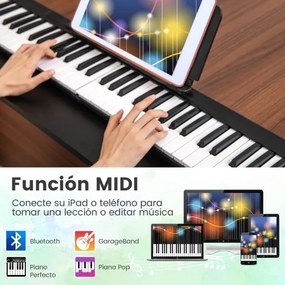Piano digital dobrável de 88 teclas com Bluetooth MIDI Altifalantes duplos Pedal de sustentação e bolsa de transporte Preto e branco