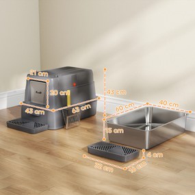 Caixa de Areia para Gatos de Aço Inoxidável XL com Tampa Articulada 180° Laterais Altas Pedal Pá 63x43x43 cm Cinzento Escuro