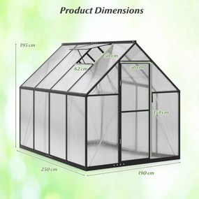 Estufa exterior com cobertura 250 x 190 x 195 cm em PBF, estrutura em liga de alumínio, claraboia ajustável preta