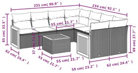 9 pcs conjunto de sofás p/ jardim com almofadões vime PE bege