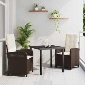 vidaXL Conjunto de Jantar de Jardim de 3 Peças com Almofadas - Rattan Poliéster Castanho