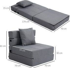 Poltrona-sofá-cama convertível de 1 lugar com 1 almofada com capa removível, tecido cinzento