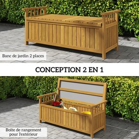 Banco de jardim de 2 lugares em madeira com espaço de arrumação de 151 L, banco de exterior com braços, 128,5 x 56 x 53,5 cm, castanho