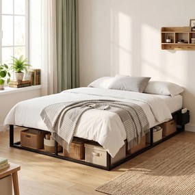 Estrutura de Cama de Casal, 190 x 140 x 25 cm, (COLCHÃO NÃO INCLUIDO) com Bolsa de Arrumação, Preta