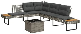 2 pcs conj. sofás p/ jardim c/ almofadões vime PE e vidro cinza