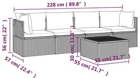 5 pcs conjunto lounge de jardim c/ almofadões vime PE cinzento