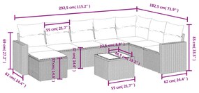 9 pcs conjunto sofás p/ jardim c/ almofadões vime PE castanho