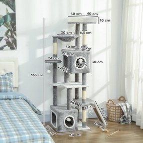 Arranhador para gatos com torre de brincadeiras, centro de atividades, 2 compartimentos abertos, plataformas, rede, escada e 4 pompons, 165 cm, cinzen
