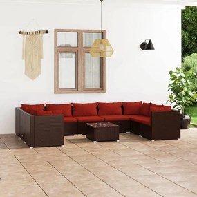 vidaXL 10 pcs conjunto lounge jardim c/ almofadões vime PE castanho