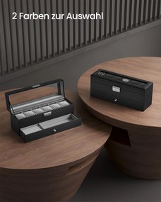Caixa para relógios com 2 níveis 10 x 32,5 x 13,5 cm, revestimento em PU preto e forro interior cinzento