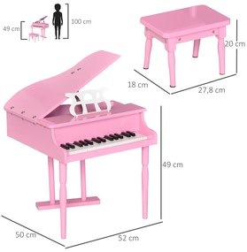 HOMCOM Piano de Cauda Infantil com 30 Teclas Banco Suporte de Partituras Piano para Crianças de MDF Instrumento Musical Educativo 52x50x49cm Rosa