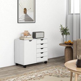 Móvel de arrumação para escritório com 5 gavetas 78 x 40 x 66,5 cm, 1 porta, prateleira ajustável, suporte para impressora e rodas, branco