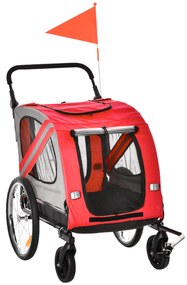 PawHut Reboque Bicicleta para Cães 2 em 1 com Porta Enrolável Janelas Cinto de Segurança e 6 Refletores 140x72,5x108 cm Vermelho