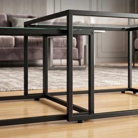 Conjunto de 2 mesas de centro ninho redondas, mesa de sala com tampo em vidro temperado e estrutura em metal, preto