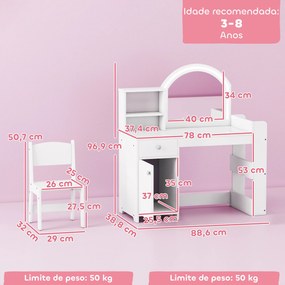 Toucador Infantil com Banqueta e Espelho com Luzes LED 1 Gaveta, Armário e 5 Prateleiras Branco