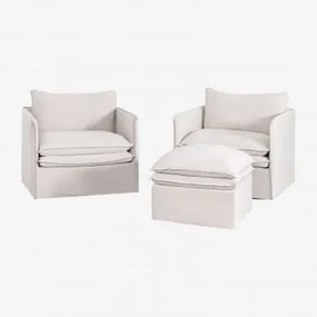 Conjunto De Sala De Estar Com 2 Poltronas E Um Pufe Em Linho E Algodão Grace Tecido Branco Quebrado - Sklum