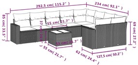 10 pcs conjunto de sofás p/ jardim com almofadões vime PE bege