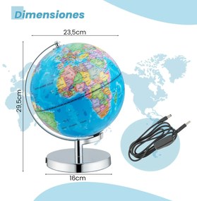 Globo terrestre 3 em 1 iluminado de 23 cm com 88 constelações, suporte metálico e mapa inglês para casa, escola e escritório Azul