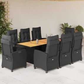 9 pcs conjunto de jantar p/ jardim c/ almofadões vime PE preto