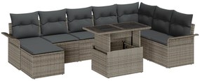 Conjunto de Sofá Jardim de 9 Peças com Almofadas Cinzento de Rattan Poliéster
