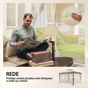 Pérgola de Jardim 370x303x290 cm com Telhado Duplo Cortinas Laterais e Mosquiteiras Resistente à Água e Anti-UV Bege
