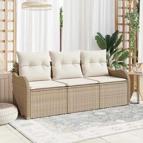 vidaXL Conjunto de Sofá de Jardim com 3 Peças e Almofadas Bege de Polirrattan