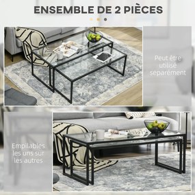 Conjunto de 2 mesas de centro encaixáveis, retangulares, de design moderno, em aço preto e com tampos em vidro temperado